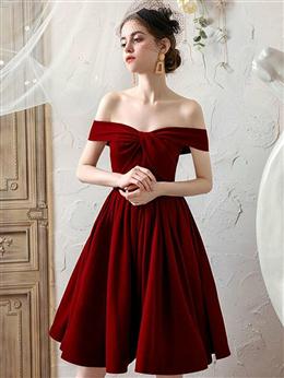 Picture of Wine Red Color  Off Shoulder Velvet Homecoming Dress, Burgundy Formal Short Prom Dresses